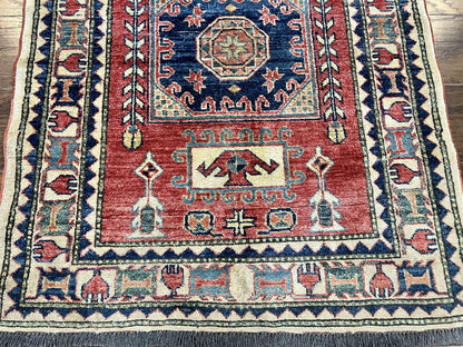 Turkish Kazak Rug 3x4, Wool Hand Knotted Small Vintage Carpet, Red Navy Blue, 3 x 4 Oriental Rug, Geometric Design