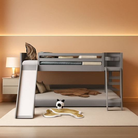 Grey Twin Bunk Bed With Slide Solid Pine Construction