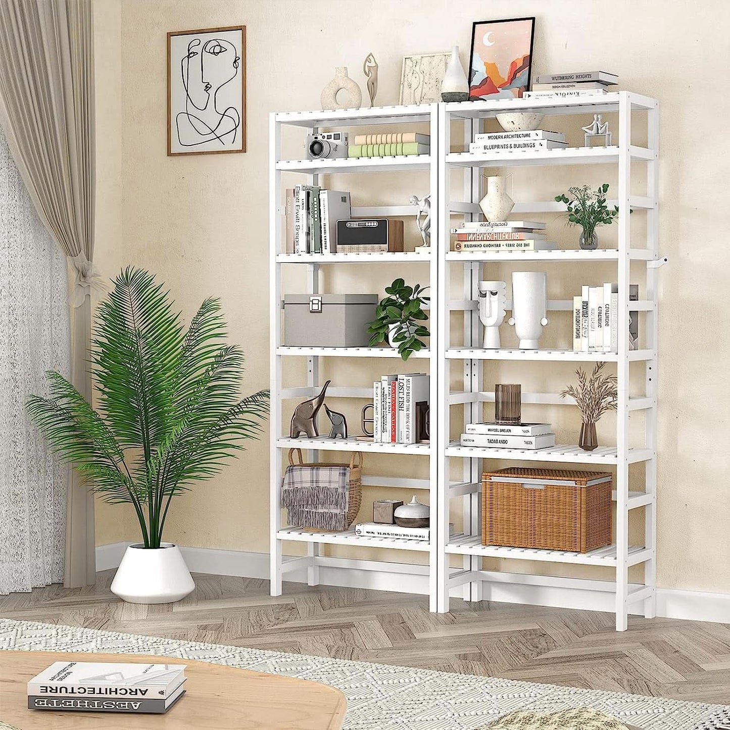 Adjustable 6 Tier Bamboo Bookshelf For Living Room Office Storage