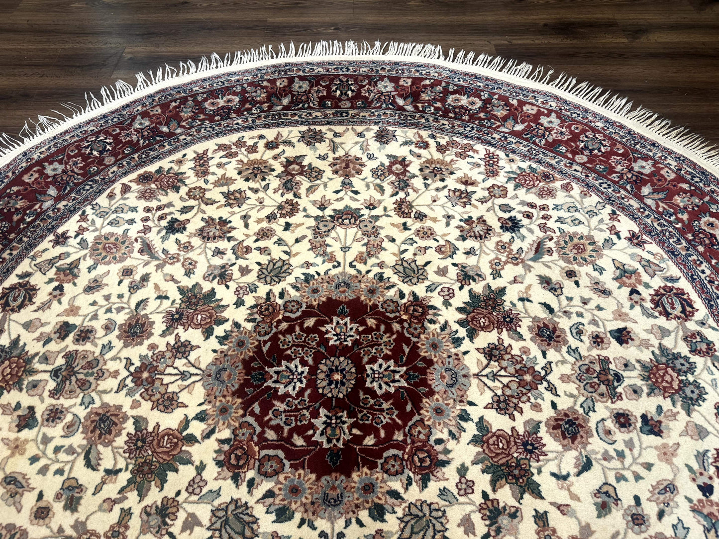 Round Sino Persian Rug 8x8, Wool and Silk, Floral Medallion, Ivory Dark Red