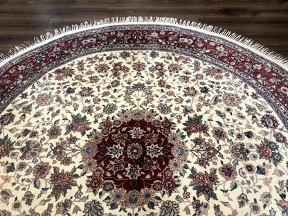 Round Sino Persian Rug 8x8, Wool and Silk, Floral Medallion, Ivory Dark Red