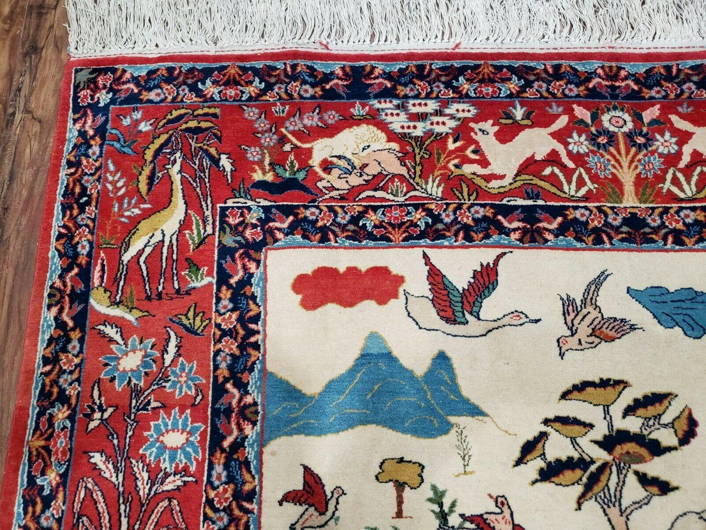 Antique Persian Isfahan Rug 5x7, Animal and Human Pictorials, Hand Knotted Fine Oriental Wool Carpet, Cream and Red, High KPSI, Vintage Rug 5 x 7 ft