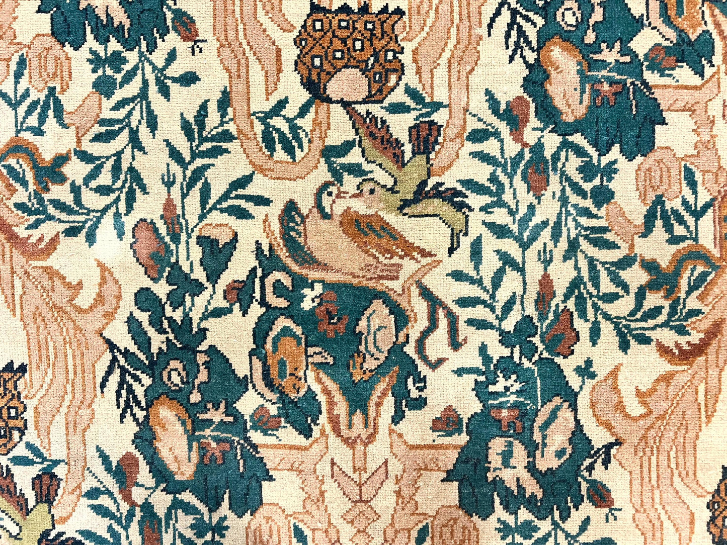 10x13 Wool Rug, Floral Pattern, Birds, Handmade Vintage Carpet, Couristan Rug, Beige