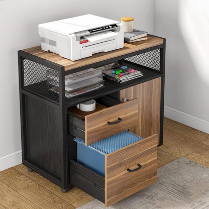 Rustic L Shaped Desk With Storage Cabinet On Wheels