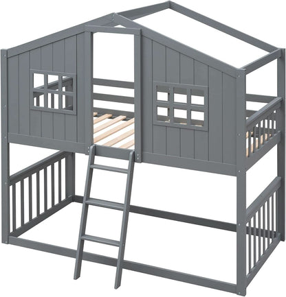 Gray Twin Over Twin House Bunk Bed With Roof For Kids
