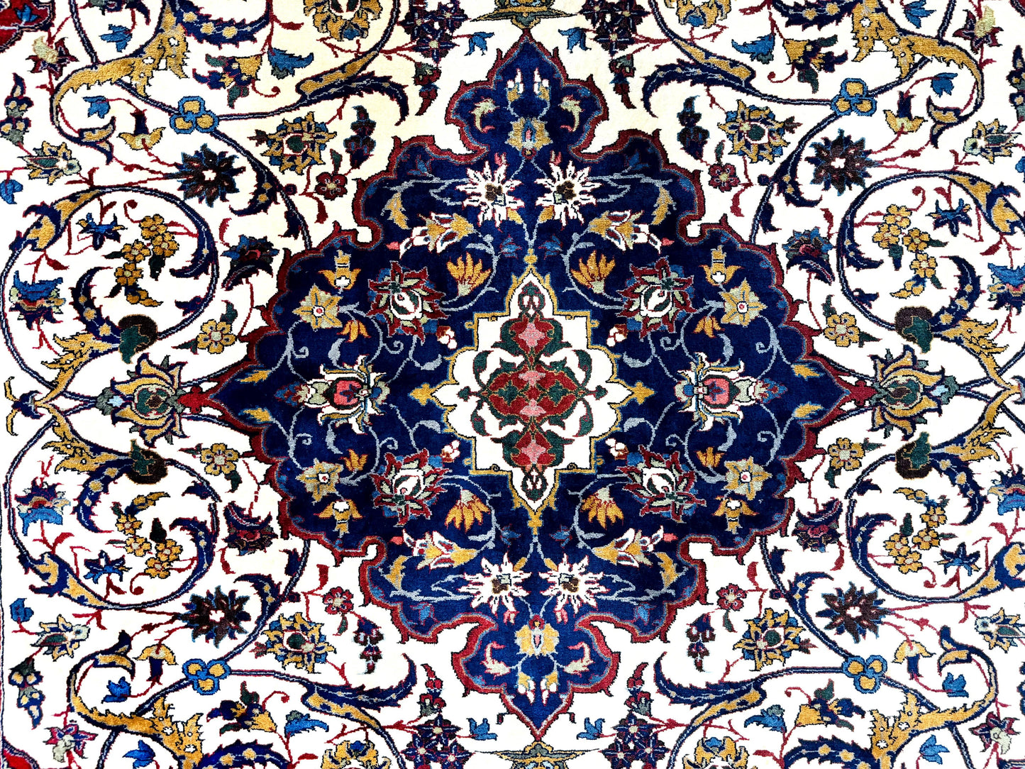 Wonderful Persian Isfahan Rug 7x9, Ivory Navy Blue Red, Floral Medallion, Very Finely Hand Knotted 260 KPSI, Handmade Wool Vintage Rug