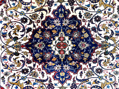 Wonderful Persian Isfahan Rug 7x9, Ivory Navy Blue Red, Floral Medallion, Very Finely Hand Knotted 260 KPSI, Handmade Wool Vintage Rug