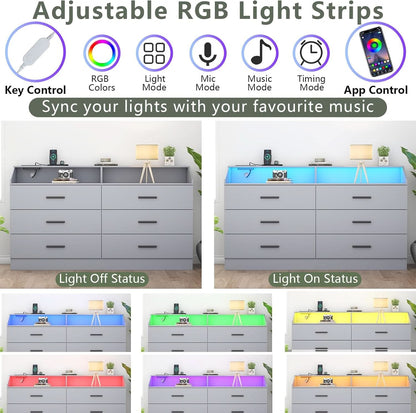 Grey Six Drawer Dresser With Power Outlet And USB Ports