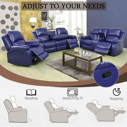 Dark Blue Leather Recliner Sofa Set For Living Room 3 Piece