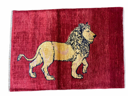 3 X 5 Handmade Hand-Knotted Quality Wool Rug New Vintage Lion Red Pictorial