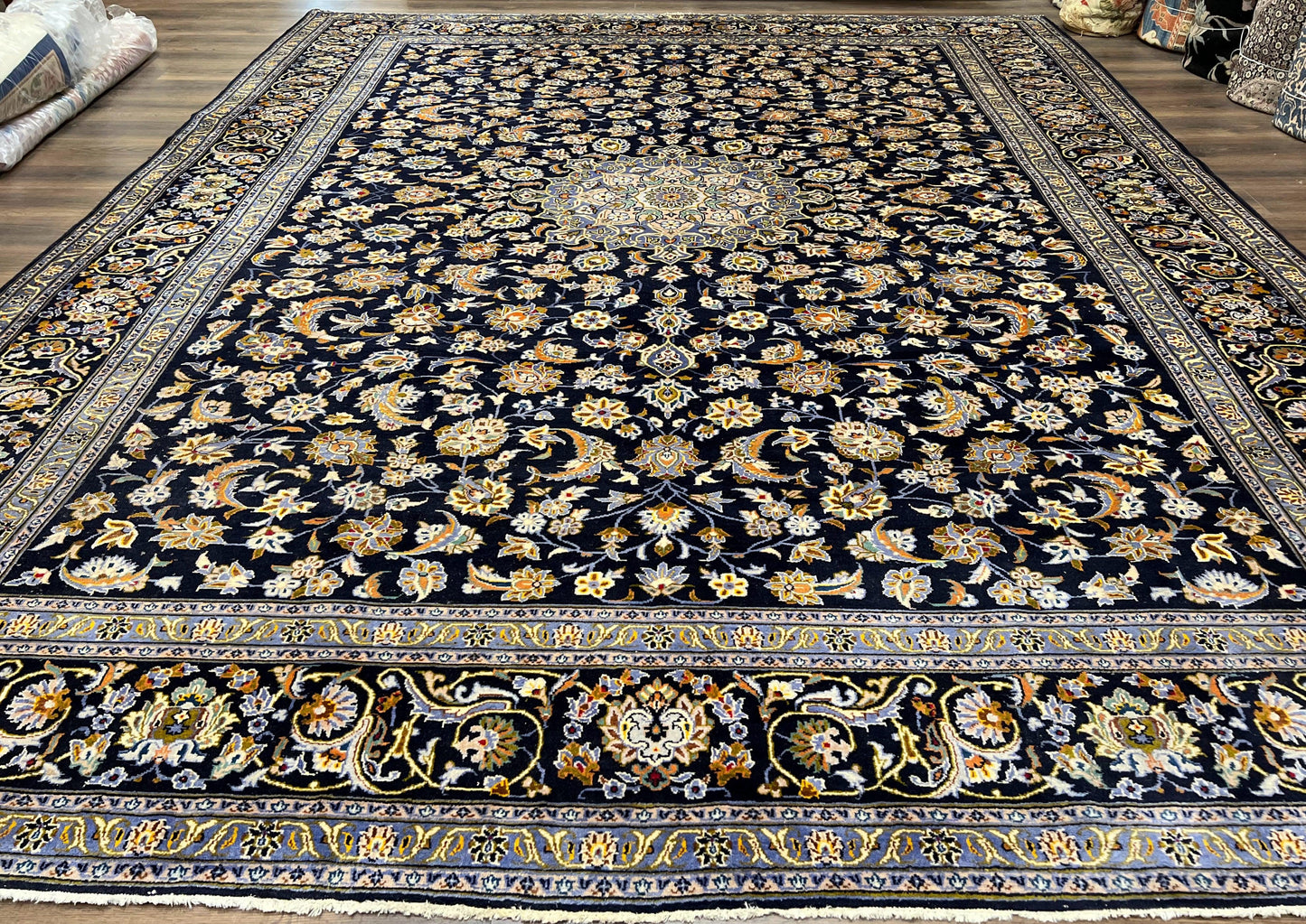 Wonderful Navy Blue Persian Kashan Rug 11x13, Allover Floral Design with Central Medallion, Wool Hand-Knotted Antique Carpet, Signed Rabani Rug