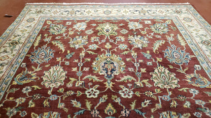 8x12 Indo-Mahal Rug, Floral Allover, Red & Beige, Wool Vintage Handmade Traditional Carpet