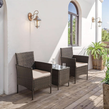 Patio Set 3 Piece All Weather Rattan Glass Table Brown