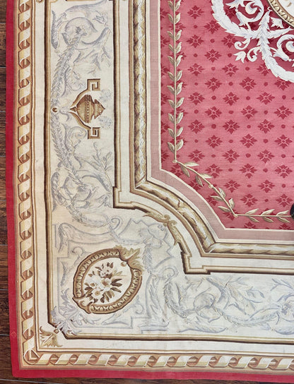 Aubusson Rug 9x12 ft, Red and Ivory Elegant Aubusson Carpet, Flatweave, Vintage Wool Handmade Area Rug 9 x 12, French European Design