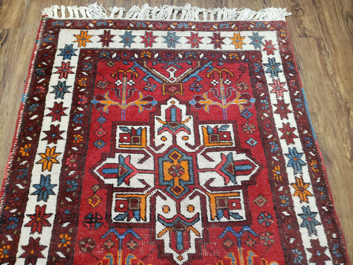 Antique Persian Heriz Karajeh Runner Rug, Red, Hand-Knotted, Wool, 3' 3" x 10' 11"