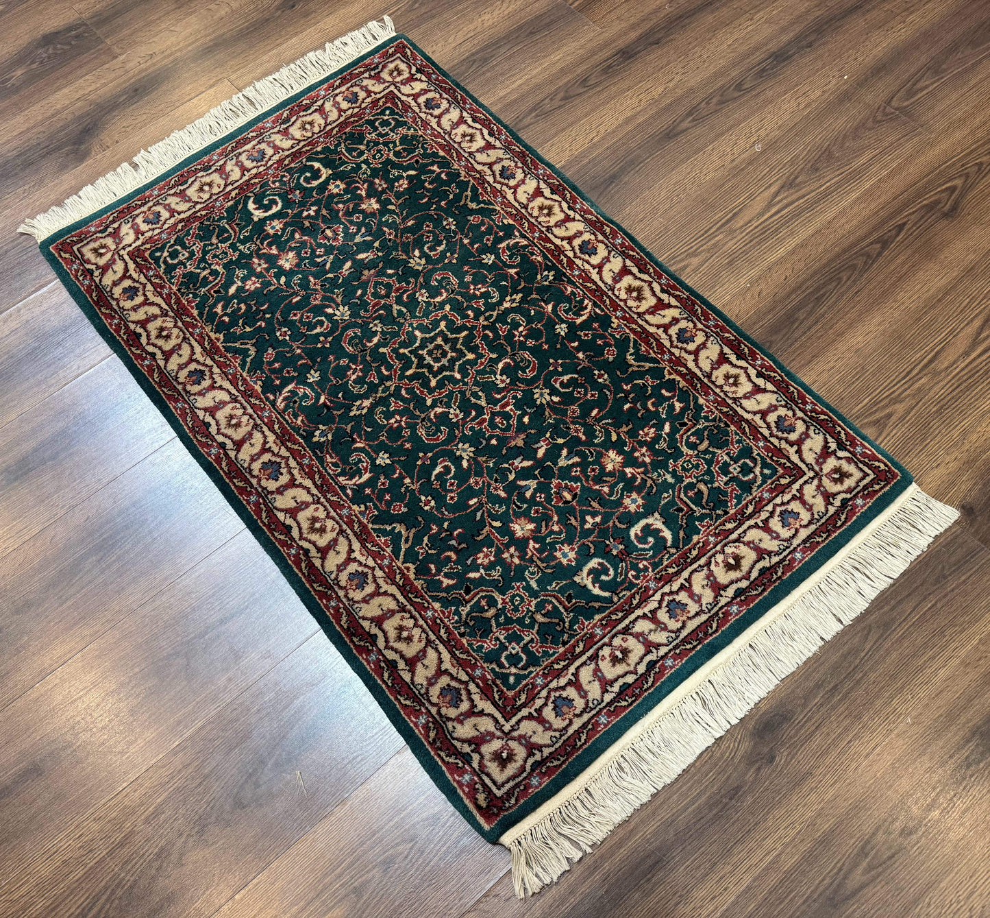 Dark Green Indo Persian Rug 2.5 x 4, Hand Knotted Wool Small Oriental Carpet