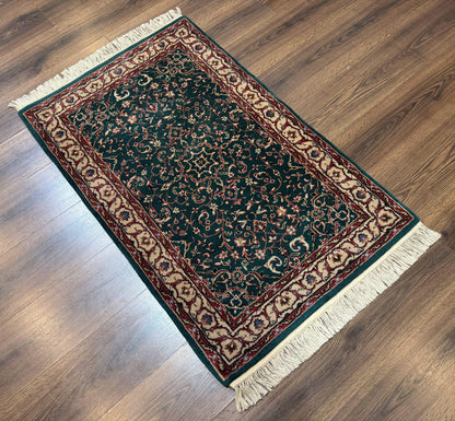 Dark Green Indo Persian Rug 2.5 x 4, Hand Knotted Wool Small Oriental Carpet