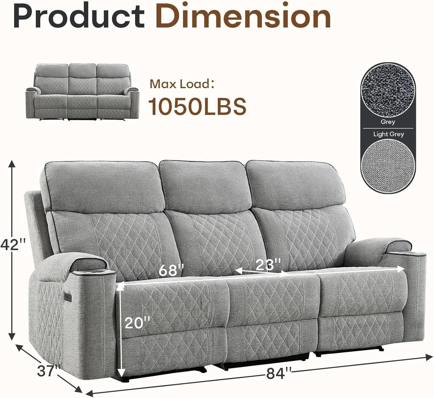 Electric Recliner Sofa USB Type C Ports Light Grey
