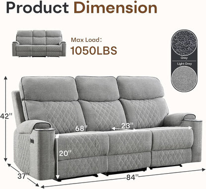 Electric Recliner Sofa USB Type C Ports Light Grey