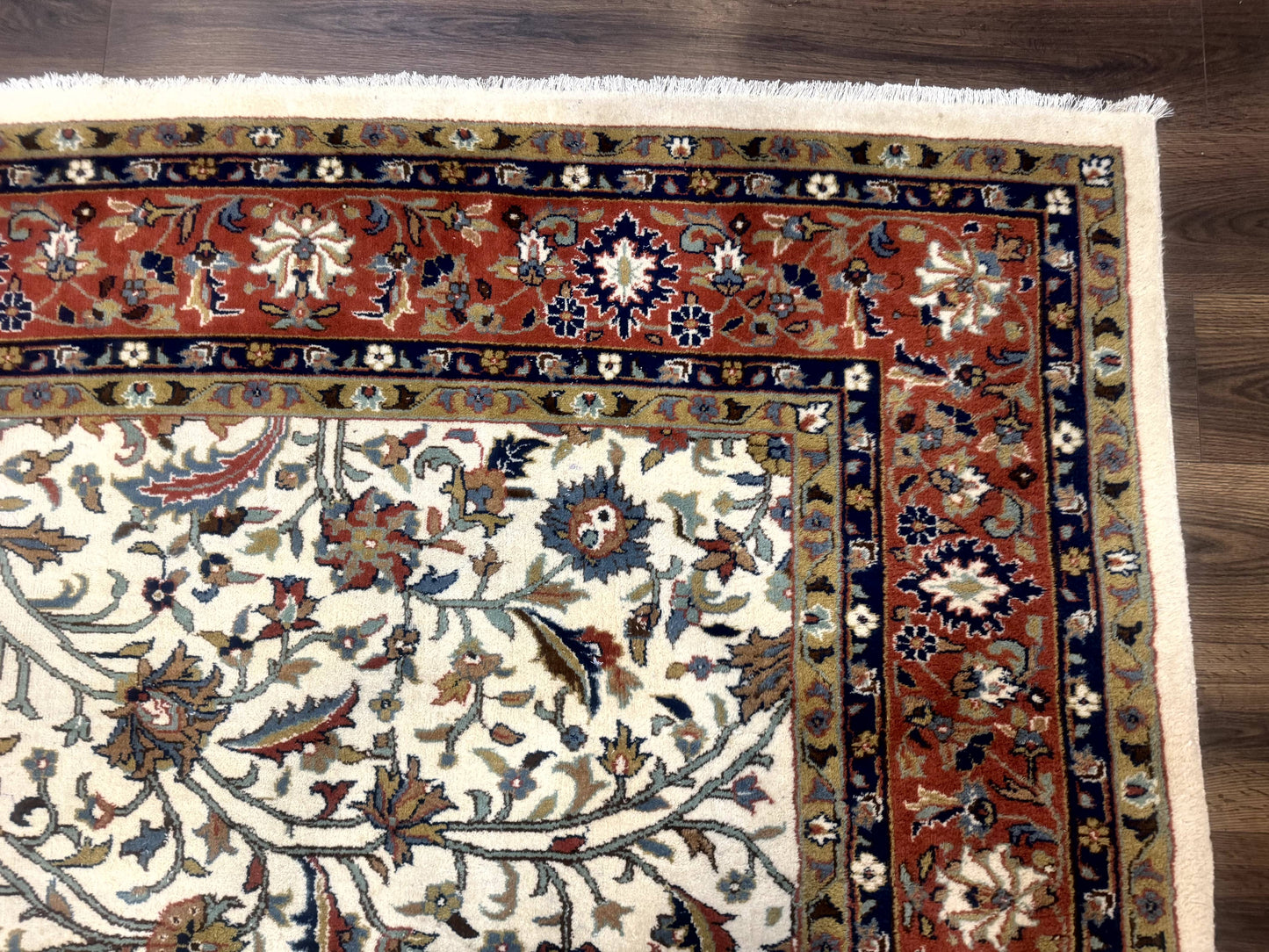 Indo Persian Rug 9x12, Ivory and Red, Traditional Wool Oriental Carpet