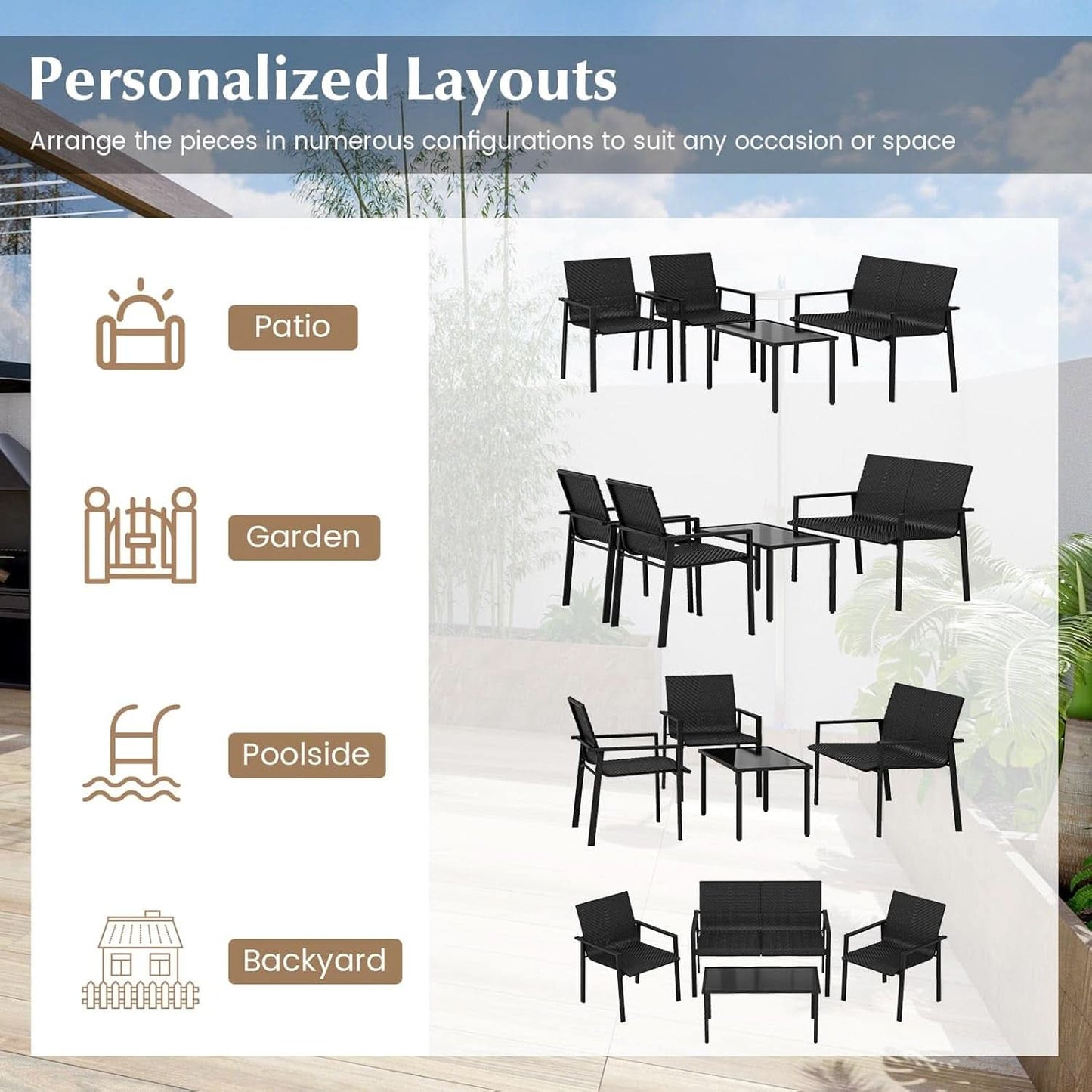 4 Piece Wicker Patio Conversation Set Black Coffee Table