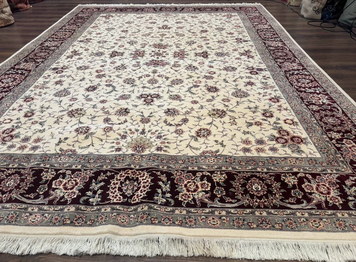 Sino Persian Rug 9x12, Floral Allover Design, 170 KPSI, Ivory and Dark Maroon