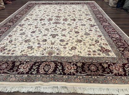 Sino Persian Rug 9x12, Floral Allover Design, 170 KPSI, Ivory and Dark Maroon