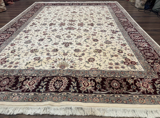 Sino Persian Rug 9x12, Floral Allover Design, 170 KPSI, Ivory and Dark Maroon