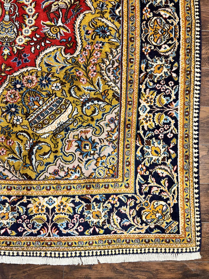 Wonderful Persian Qum Rug 10x14, Wool w/ Silk Highlights, Hand Knotted Semi Antique Vintage Carpet, Red, Floral, Fine Weave, Birds Deer Pictorials