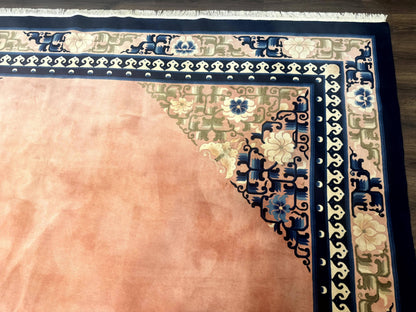 Chinese Wool Rug 11x18, Palace Sized Chinese Carpet, Peking Rug, Peach and Blue, Open Field, Simple Design, Art Deco Rug, Large Handmade Rug