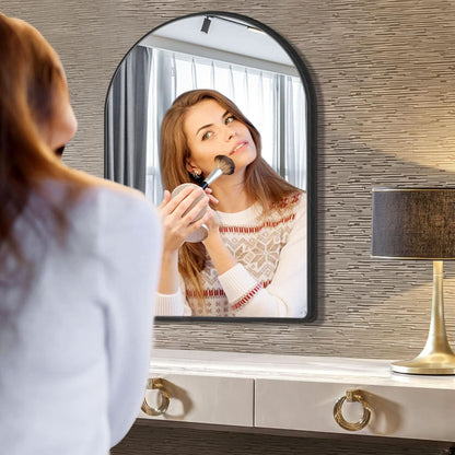 24x36 Inch Black Arched Wall Mounted Mirror With Brushed Metal Frame For Bathroom Vanity