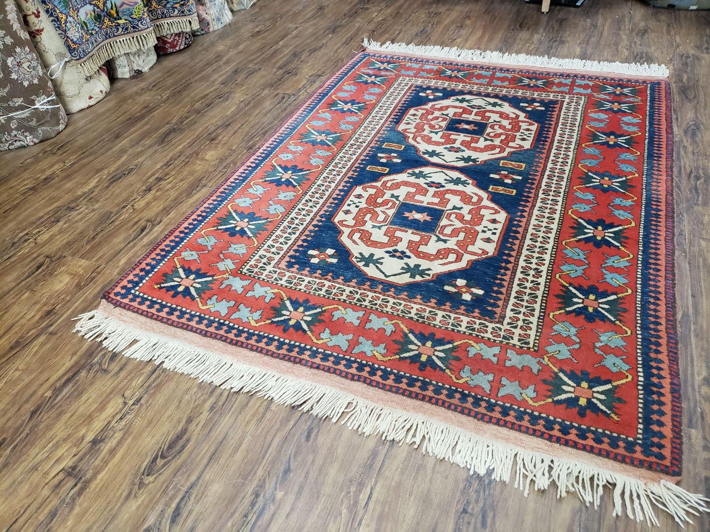 Turkish Kazak Rug 5x6 Vintage Handmade Wool Carpet Geometric Blue Red