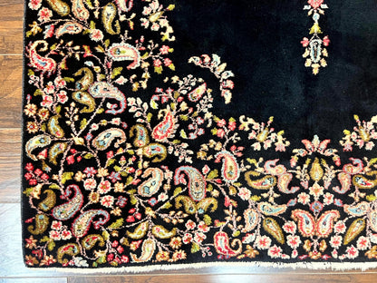 Antique Persian Kirman Rug 5x8, Floral Kirman, Midnight Blue/Black, Semi Open Field, Handmade Vintage Wool Carpet