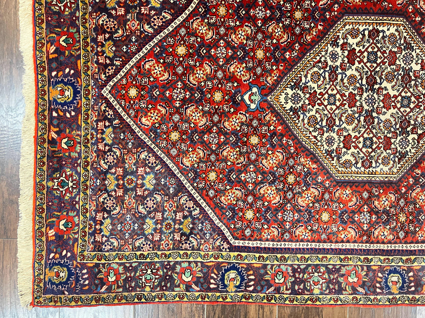 Persian Bidjar Rug 4x6, Handmade Oriental Carpet, Fine Weave, Herati Mahi Pattern, Vintage, Red, 300 KPSI