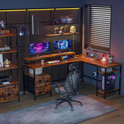 66 Inch Rustic Brown L Shaped Desk With Power Outlet