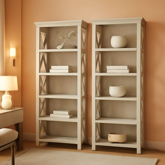 Linen White Oak 5 Shelf Bookcase Set 2 Tall 66H 32W 13D