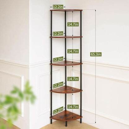 65 Inch Rustic Corner Shelf Stand 5 Tier Bookshelf