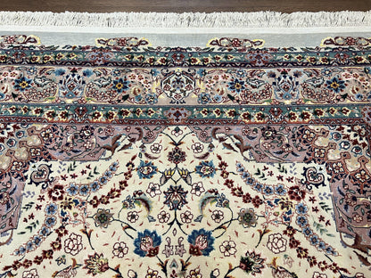 Beautiful Pak Persian Rug 6x9, Floral Medallion, Wool and Silk, Highly Detailed Elegant Carpet, Vintage Oriental Rug 6 x 9, Cream and Gray