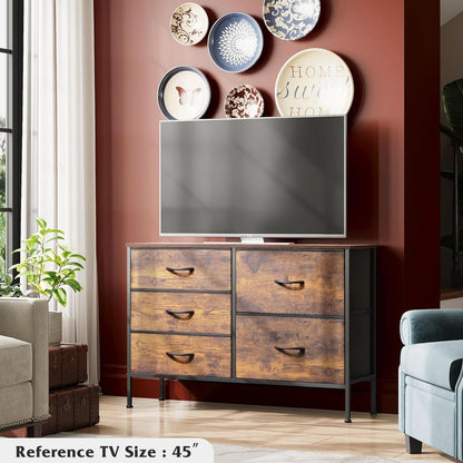 Rustic Brown Wood Grain 5 Drawer Dresser For Bedroom