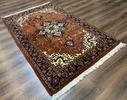 Indo Persian Heriz Rug 4x6, Rust Red Navy Blue and Cream