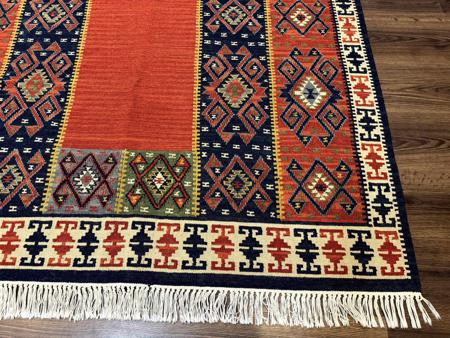Turkish Kilim Rug 5x8, Flatweave Carpet, Handmade Bohemian Rug, Terracotta and Navy Blue