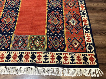 Turkish Kilim Rug 5x8, Flatweave Carpet, Handmade Bohemian Rug, Terracotta and Navy Blue