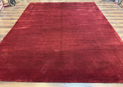 Modern Tibetan Rug 8x10, Red, Stripes, Handmade Wool Thick Pile Carpet