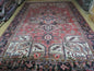 Persian Heriz Rug 8x12 Semi Antique Heriz Carpet, Room Sized Persian Carpet, Geometric Medallion, Wool, Hand Knotted, Red Ivory Dark Blue