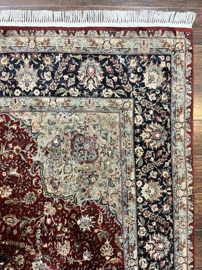 Pak Persian Rug 8x10, Wool Hand Knotted Vintage Carpet, Dark Red & Navy Blue, Dome Design Floral Medallion Rug, 8 x 10 Oriental Rug