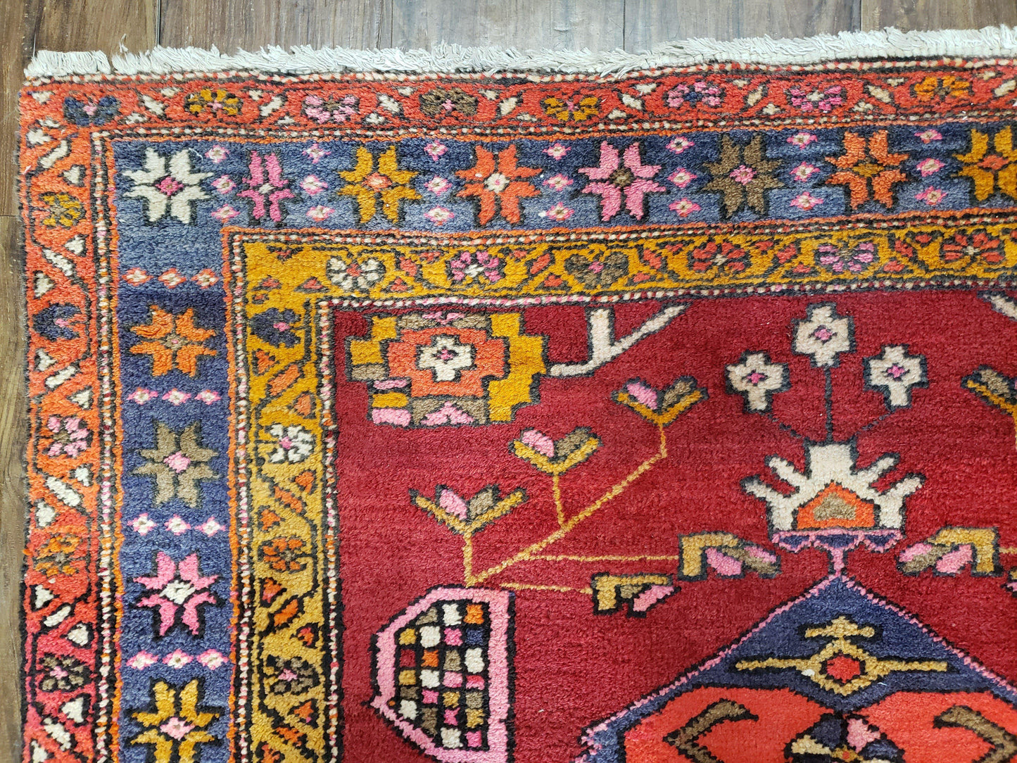 Antique Persian Karajeh Runner Rug 4.4 x 11 ft, Red Colorful Geometric Medallion Runner
