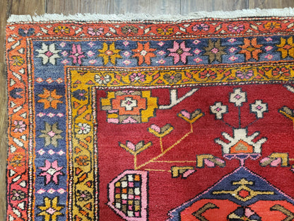 Antique Persian Karajeh Runner Rug 4.4 x 11 ft, Red Colorful Geometric Medallion Runner