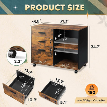 3 Drawer Wood File Cabinet With Lock For Home Office