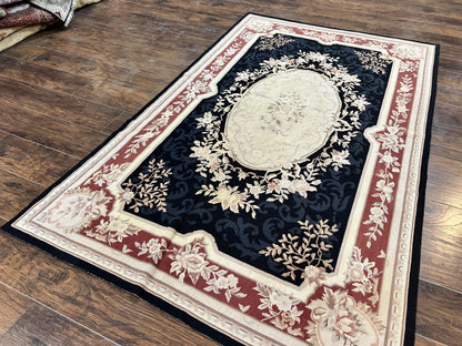 Needlepoint Rug 5x8, Wool Handmade Vintage European Design Carpet, Black & Maroon, French Aubusson Pattern Flatweave Rug
