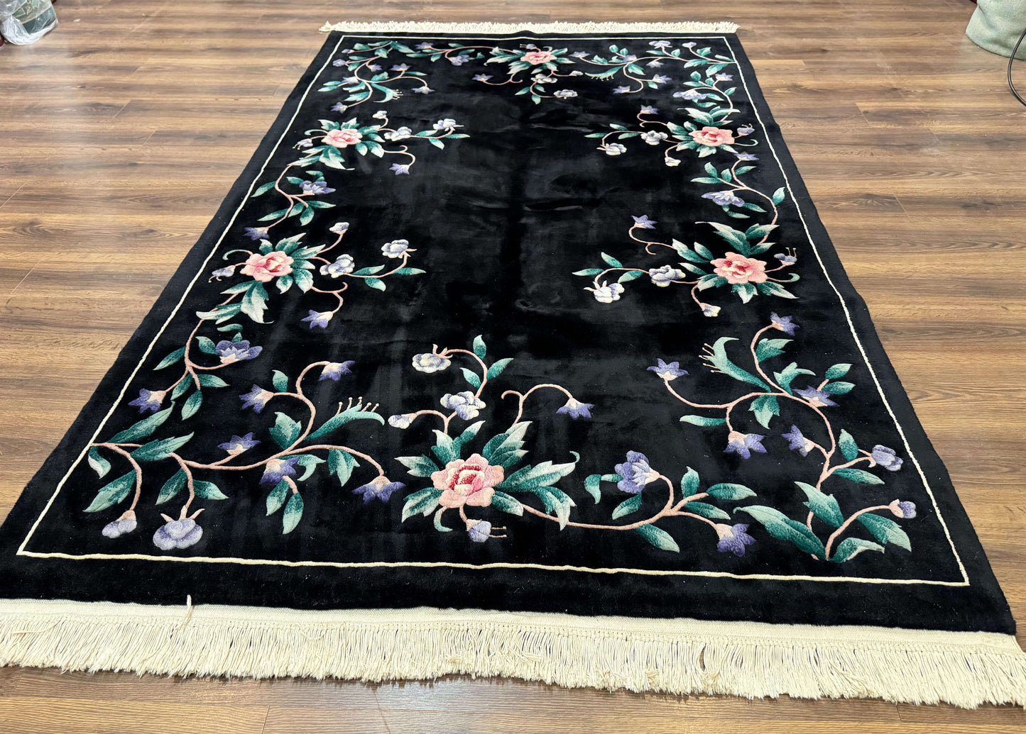 Chinese Wool Rug 6x9, Black, Floral, Minimal Design, 90 Line Carpet, Vintage Art Deco Rug